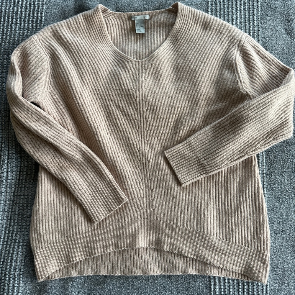 100% Cashmere Ribbed V Neck Sweater - Soft Rose Pink Size S